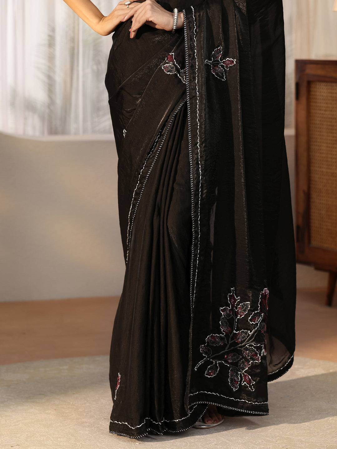 Libas Black Floral Applique Design Satin Saree