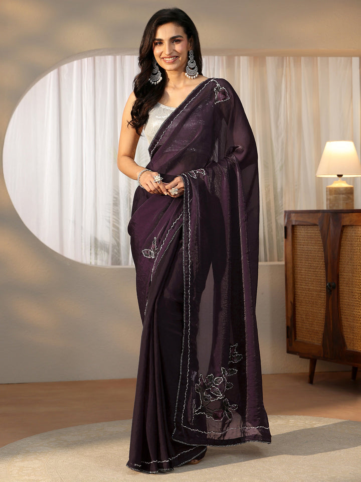 Libas Wine Floral Embellished Satin Saree