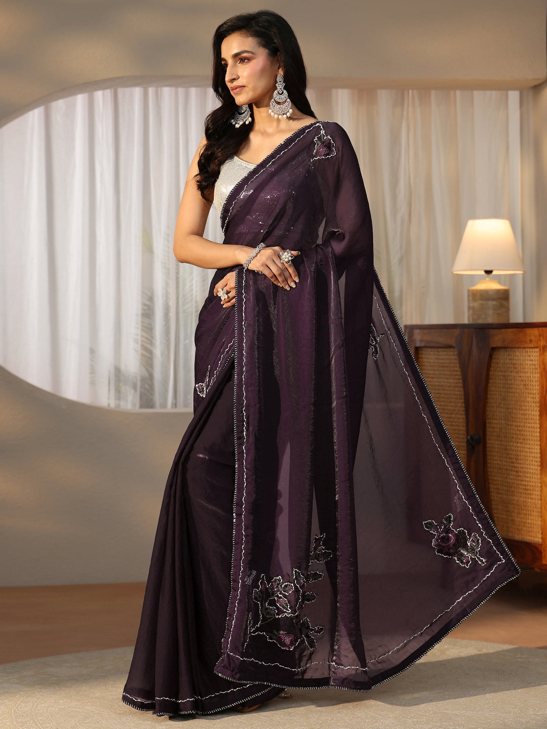 Libas Wine Floral Embellished Satin Saree