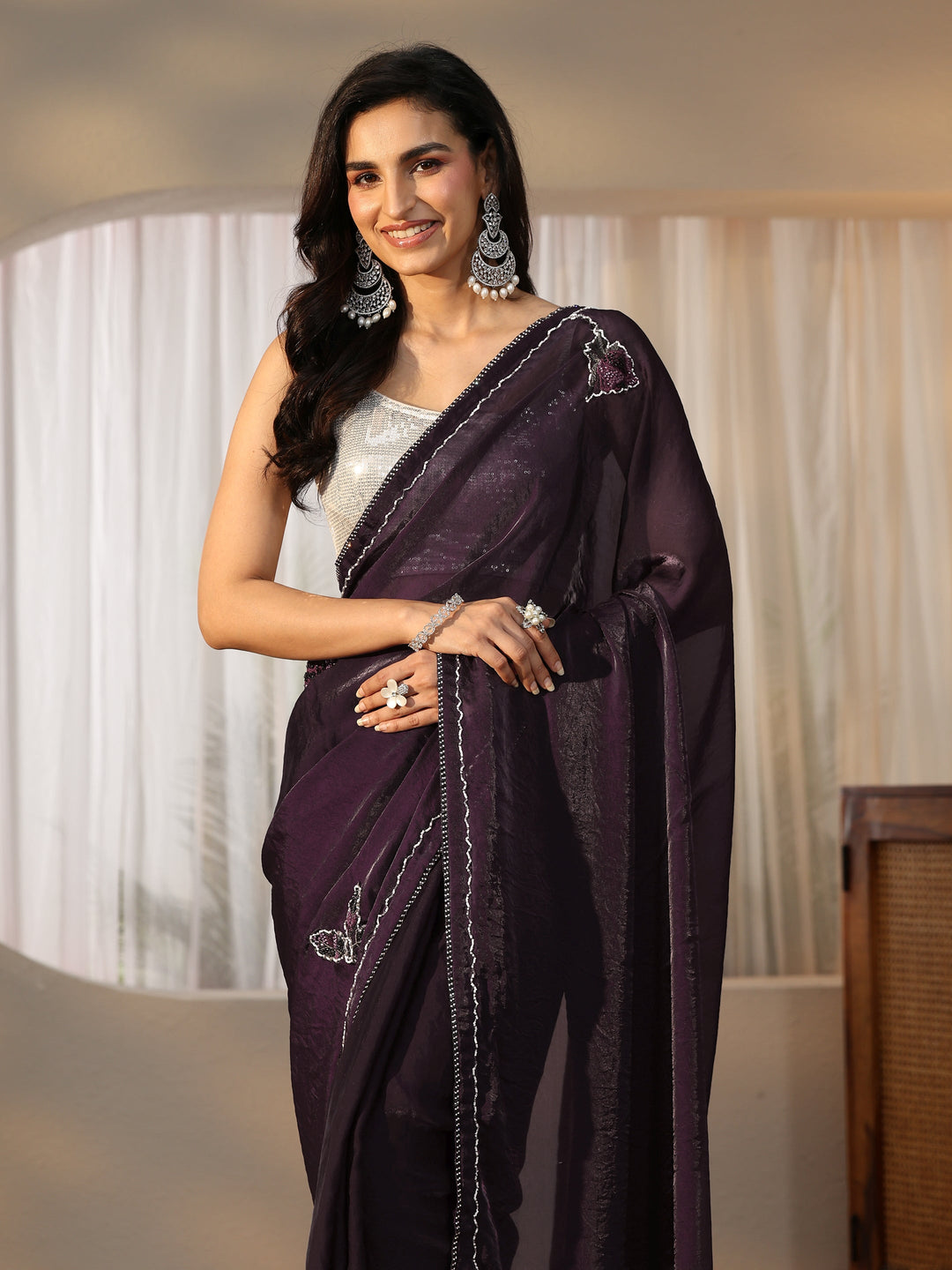 Libas Wine Floral Embellished Satin Saree