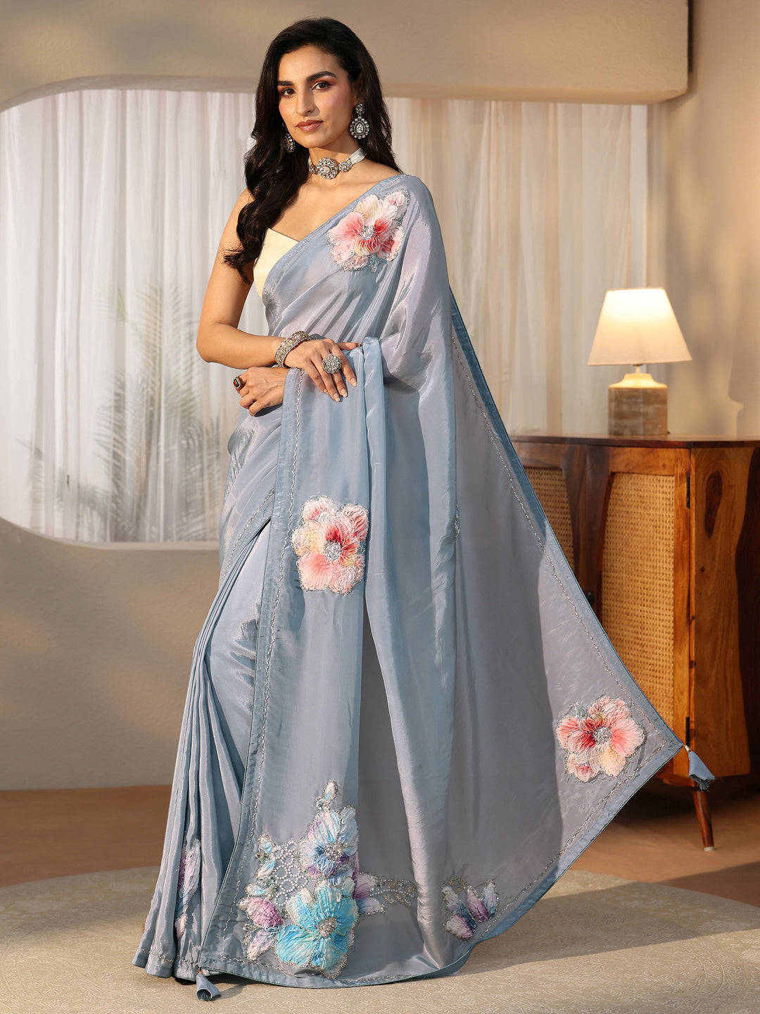 Libas Powder Blue Floral Applique Design Satin Saree
