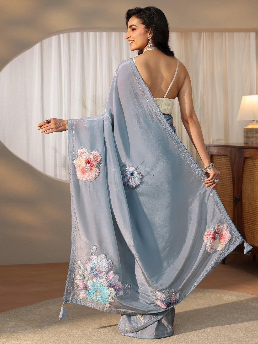Libas Powder Blue Floral Applique Design Satin Saree