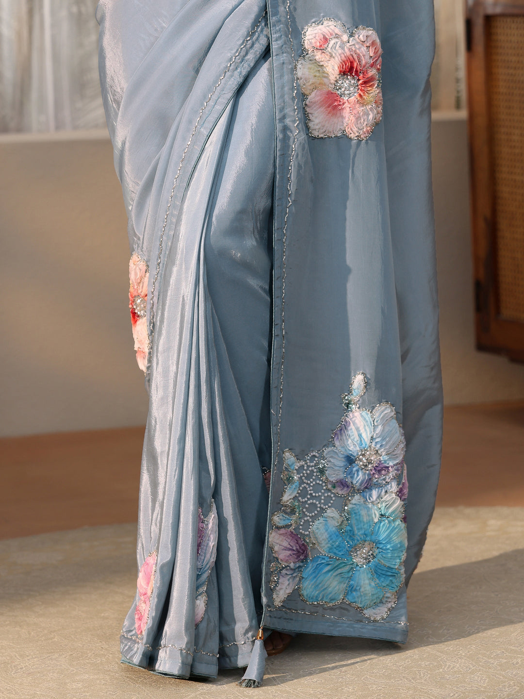 Libas Powder Blue Floral Applique Design Satin Saree