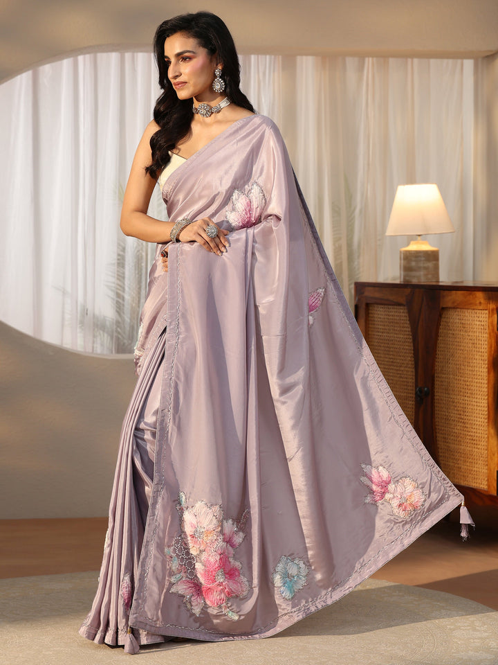 Libas Lavender Floral Applique Design Satin Saree