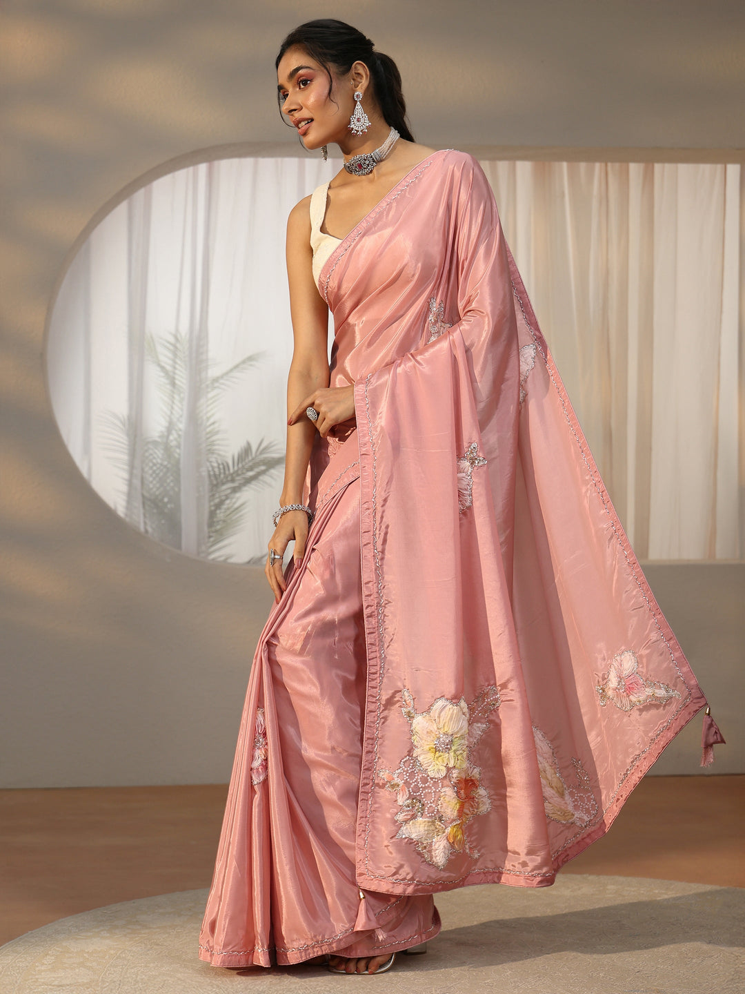 Libas Rose Pink Floral Applique Design Satin Saree