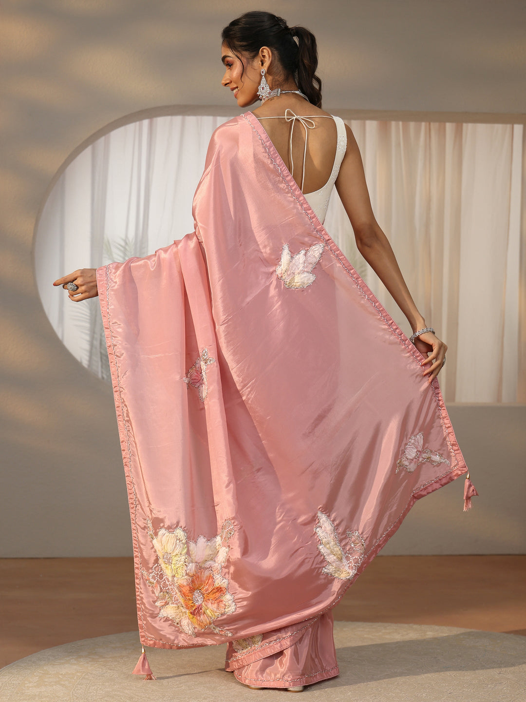 Libas Rose Pink Floral Applique Design Satin Saree