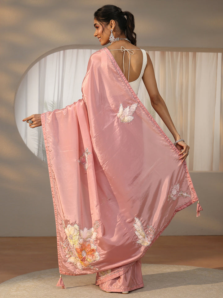 Libas Rose Pink Floral Applique Design Satin Saree