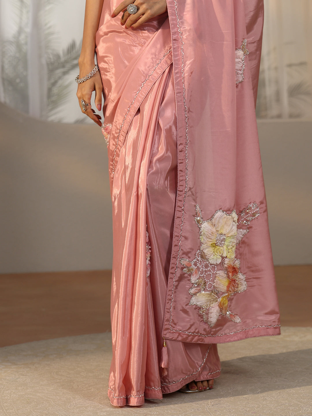 Libas Rose Pink Floral Applique Design Satin Saree