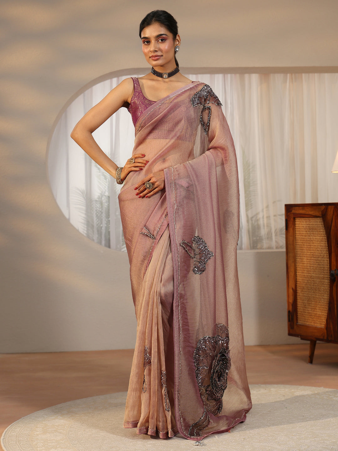 Libas Art Libas Art Mauve Sequined Floral Applique Tissue Saree
