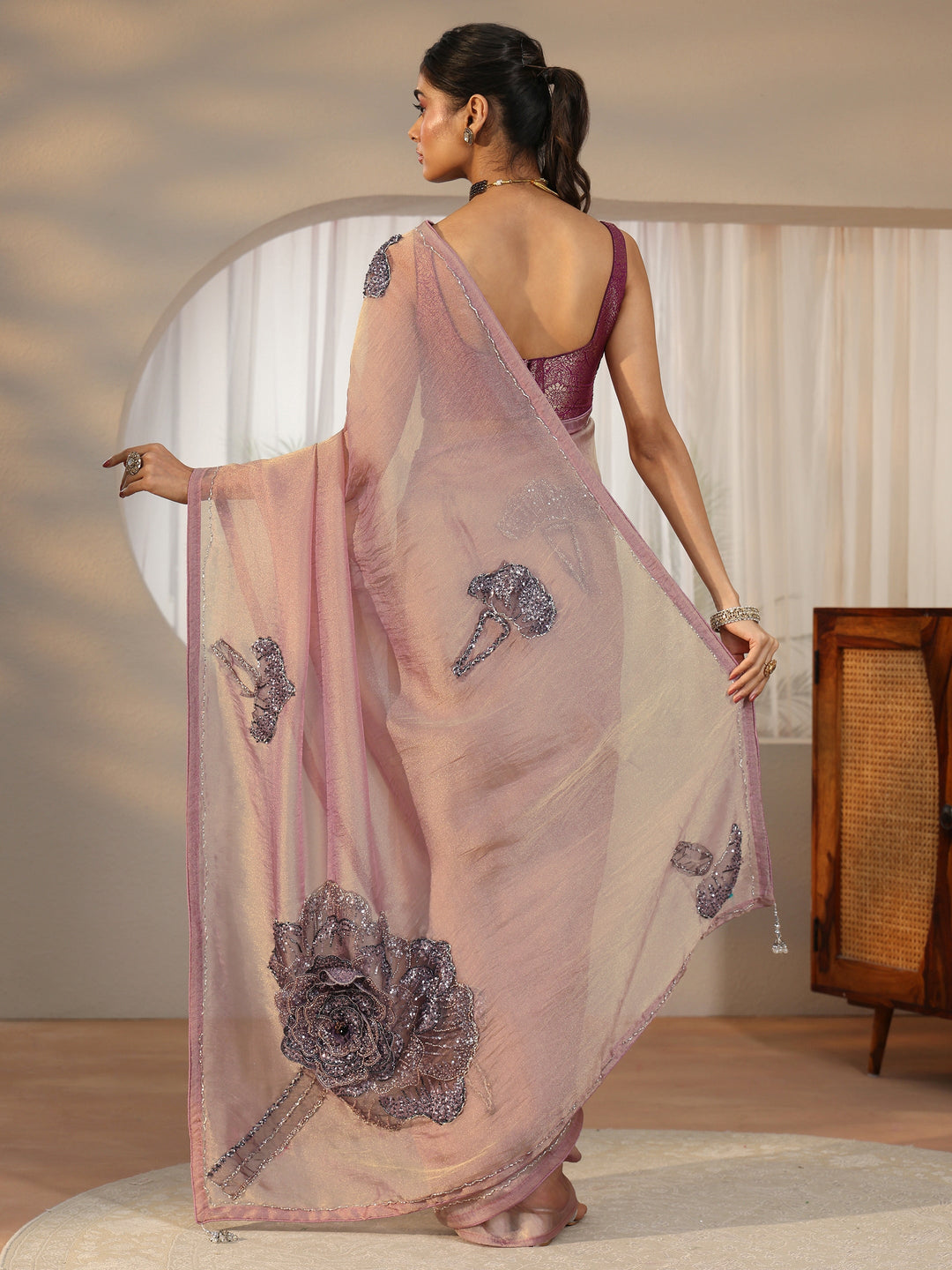 Libas Art Libas Art Mauve Sequined Floral Applique Tissue Saree