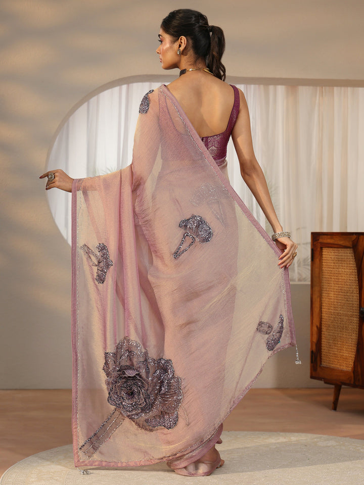 Libas Art Libas Art Mauve Sequined Floral Applique Tissue Saree