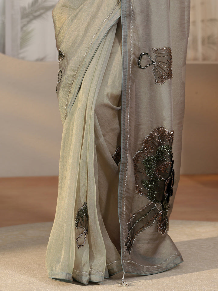 Libas Art Libas Art Blue Sequined Floral Applique Tissue Saree