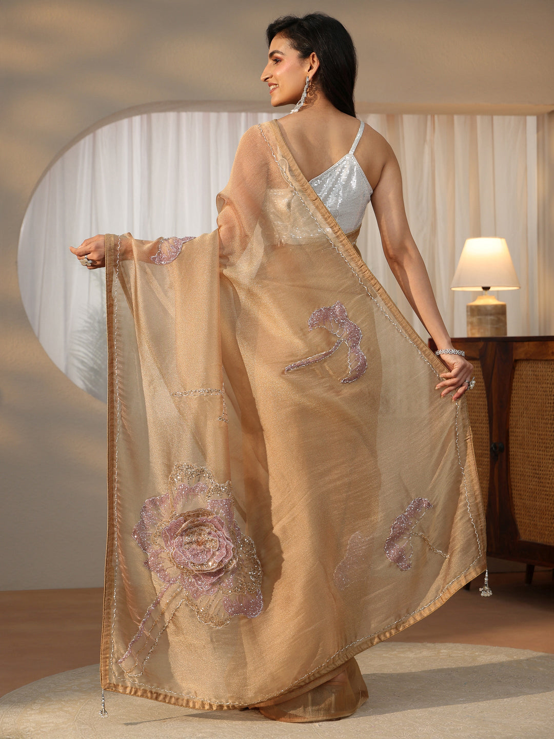 Libas Art Libas Art Gold Sequined Floral Applique Tissue Saree