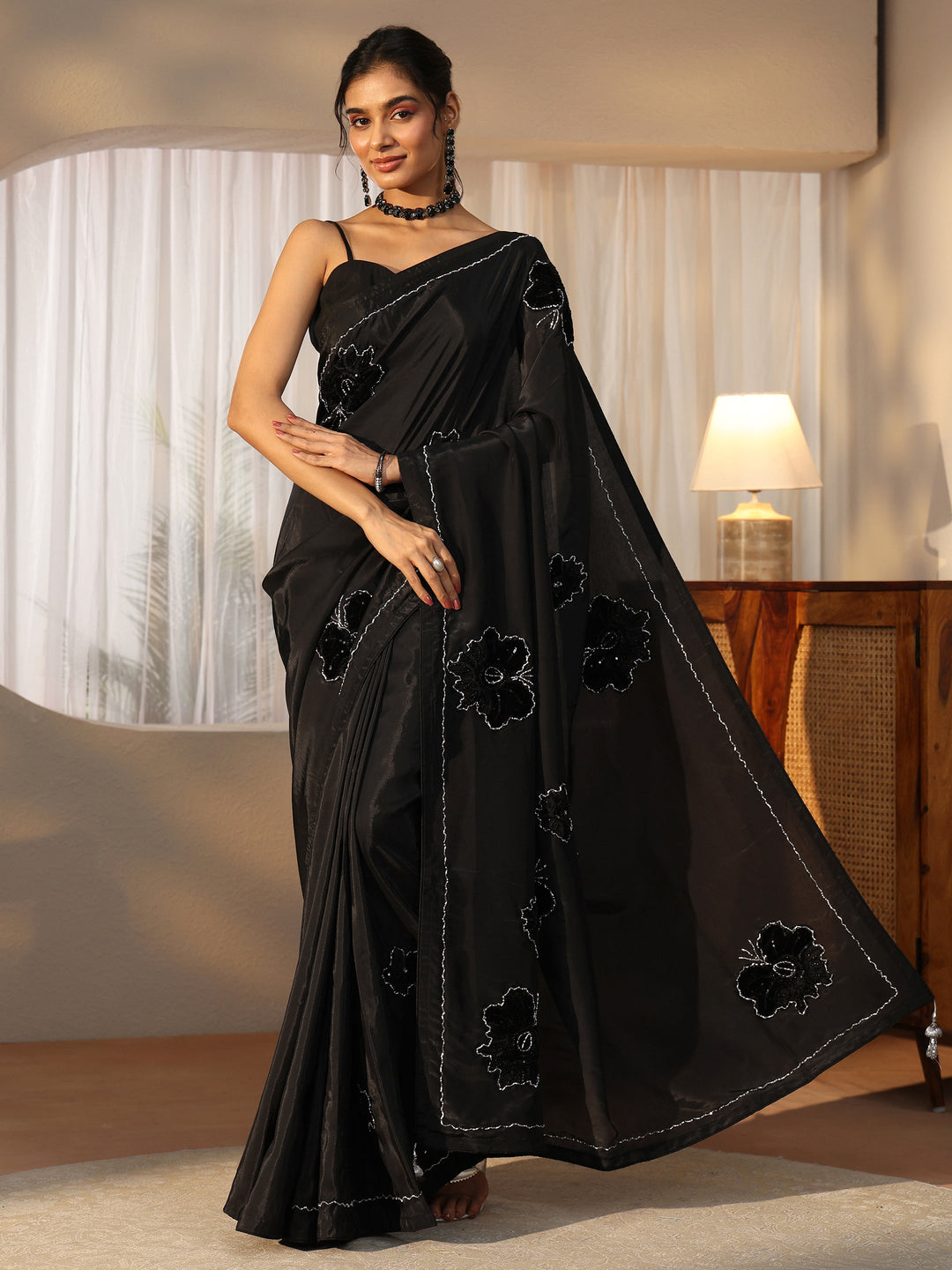 Libas Black Floral Applique Design Satin Saree