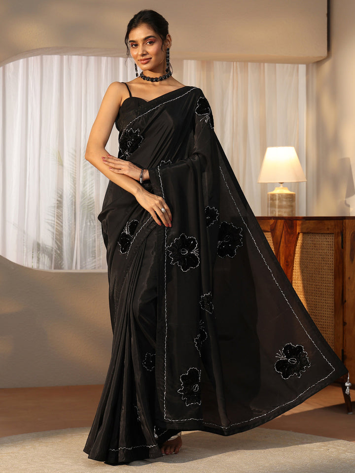 Libas Black Floral Applique Design Satin Saree