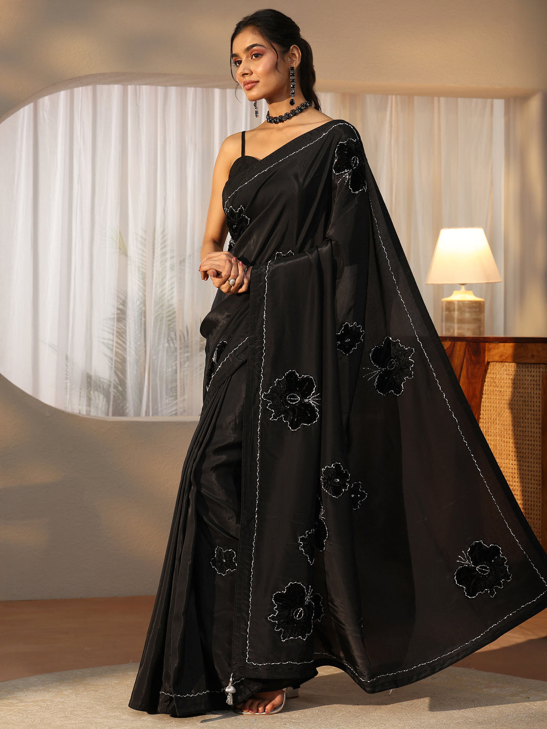 Libas Black Floral Applique Design Satin Saree