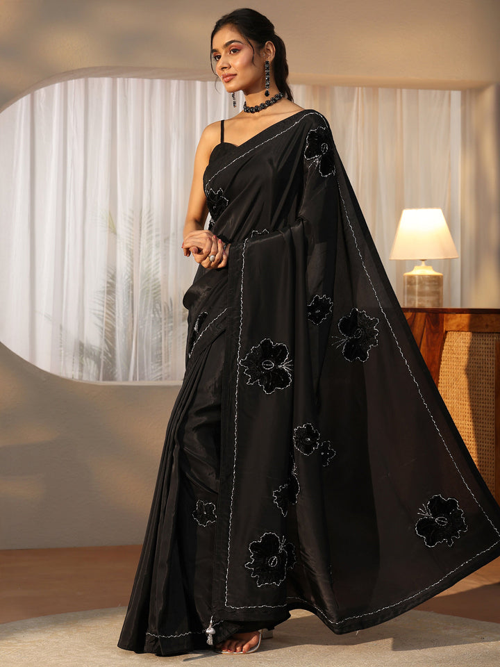 Libas Black Floral Applique Design Satin Saree