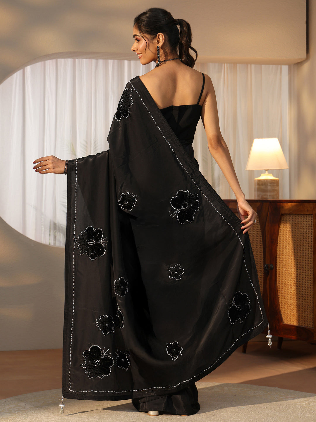 Libas Black Floral Applique Design Satin Saree