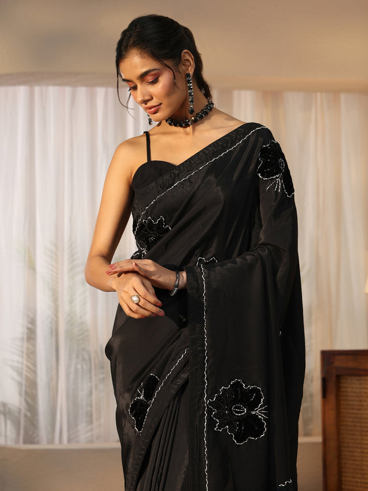 Libas Black Floral Applique Design Satin Saree
