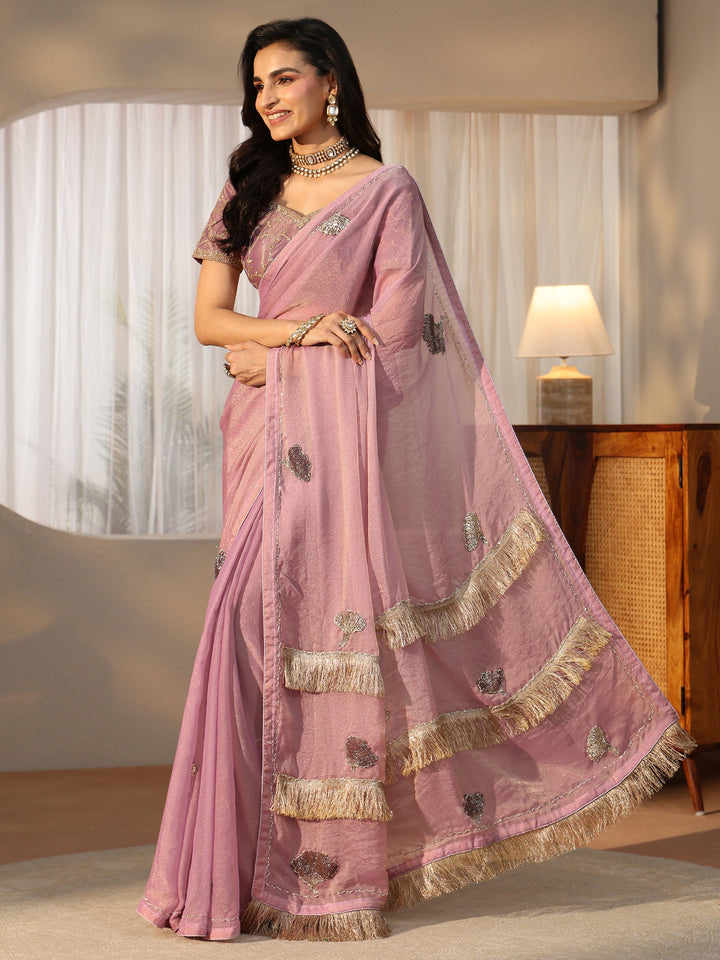 Libas Lilac Tissue Saree with Tassel Embellished Pallu