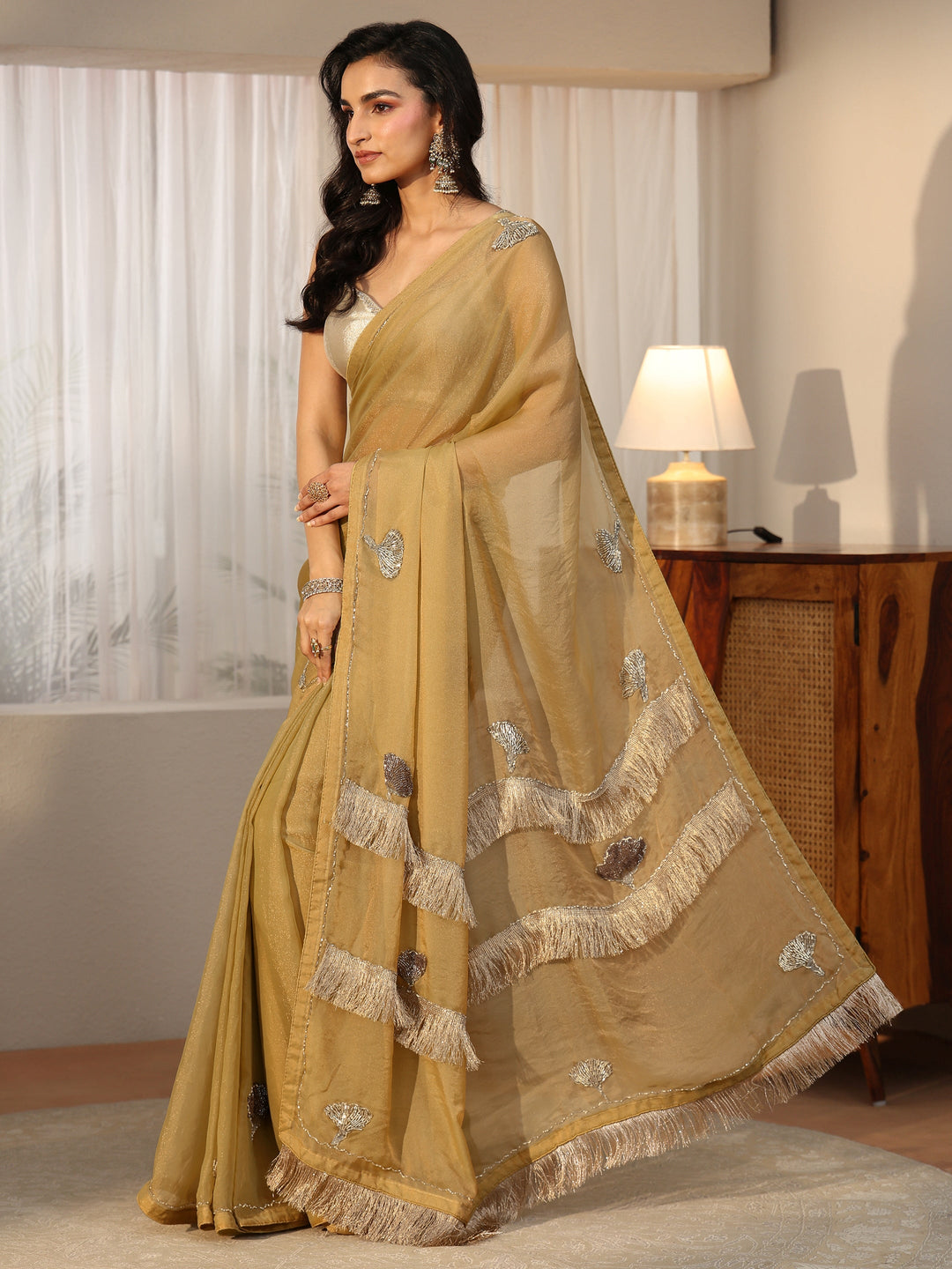 Libas Henna Green Tissue Saree with Tassel Embellished Pallu