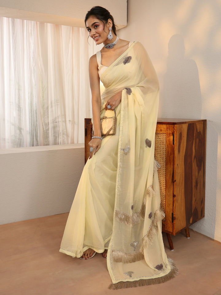 Libas Light Yellow Tissue Saree with Tassel Embellished Pallu