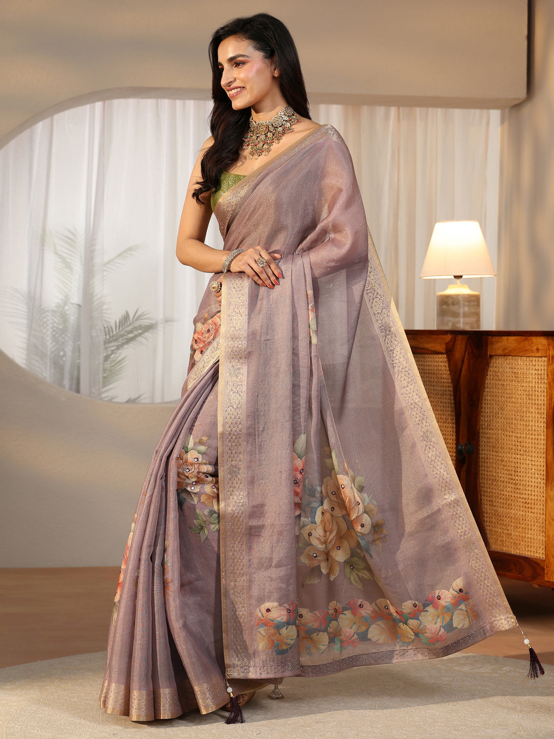Libas Lavender Floral Printed Silk Blend Saree with Woven Border
