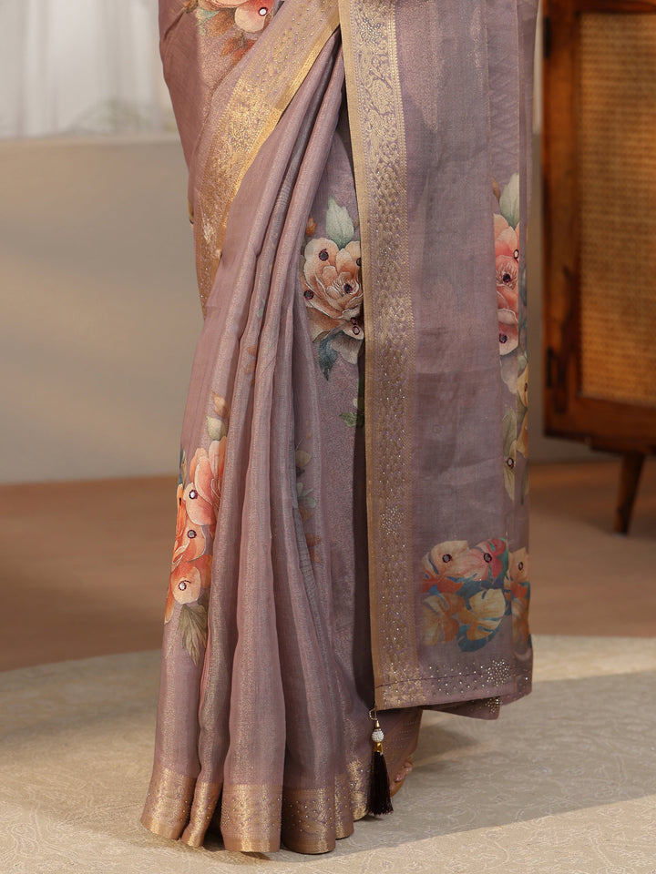 Libas Lavender Floral Printed Silk Blend Saree with Woven Border