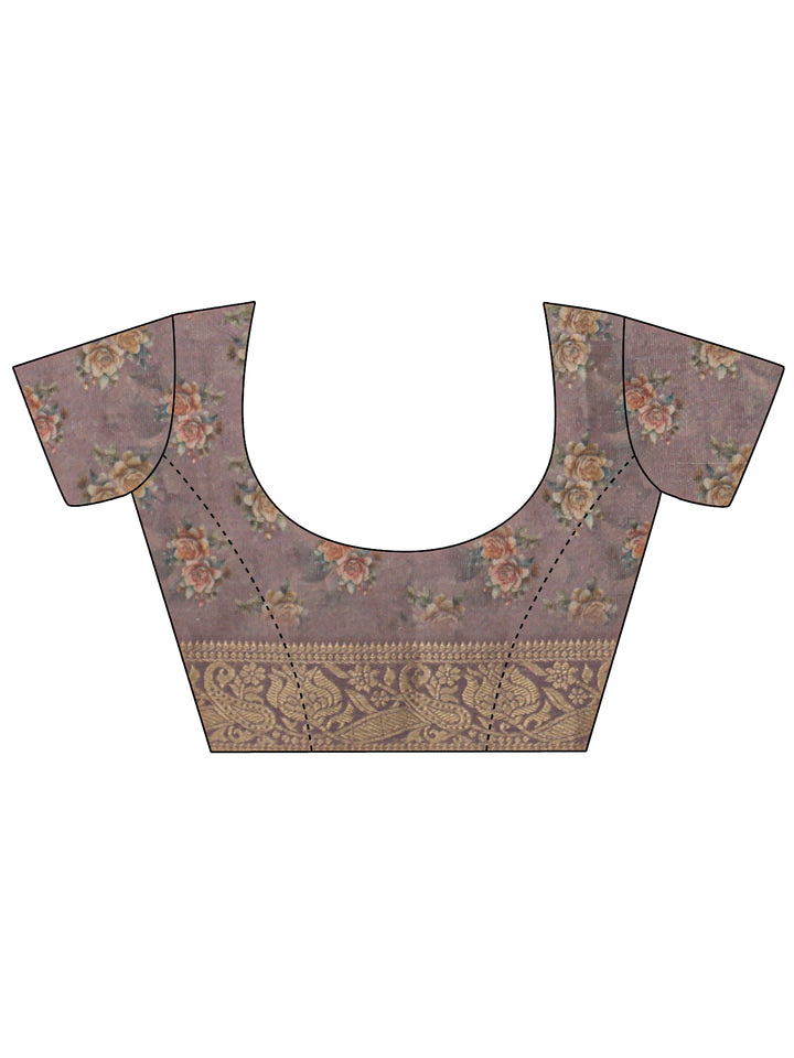 Libas Lavender Floral Printed Silk Blend Saree with Woven Border