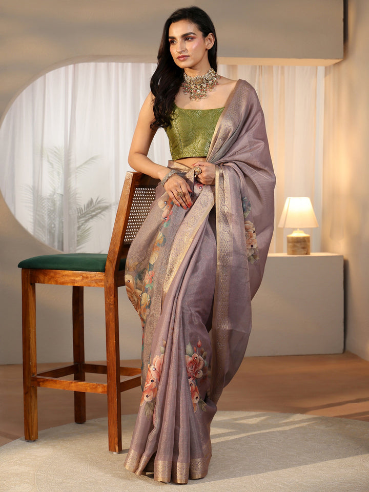 Libas Lavender Floral Printed Silk Blend Saree with Woven Border