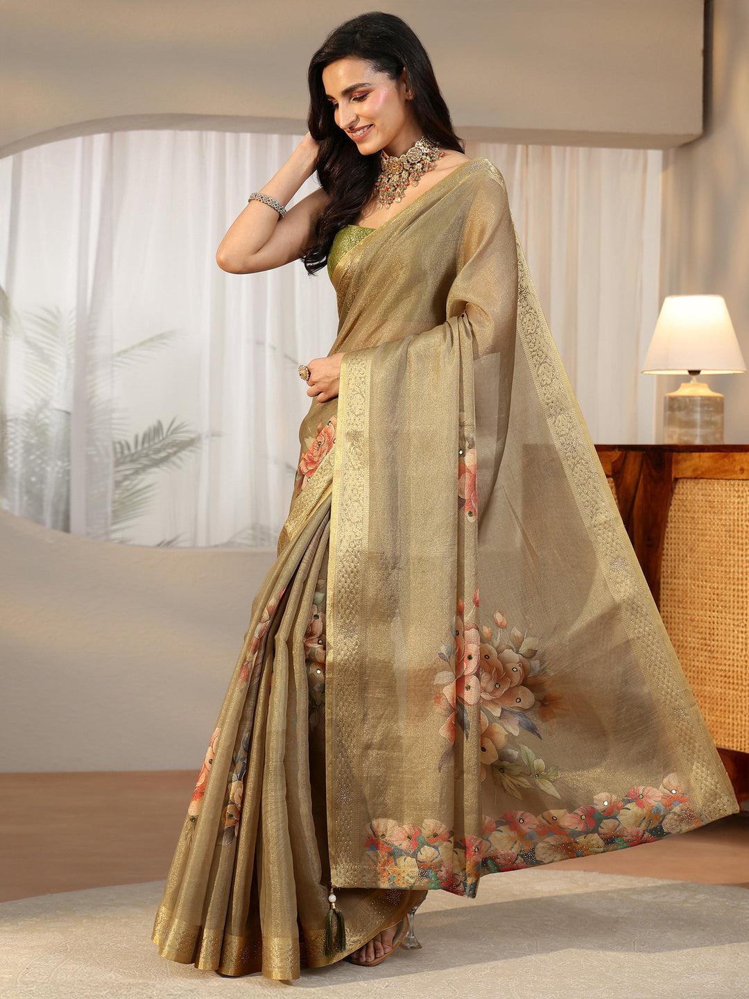 Libas Dusty Olive Green Floral Printed Silk Blend Saree with Woven Border