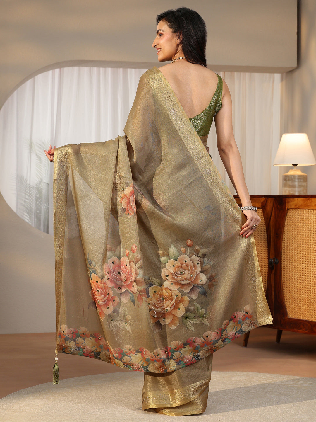 Libas Dusty Olive Green Floral Printed Silk Blend Saree with Woven Border