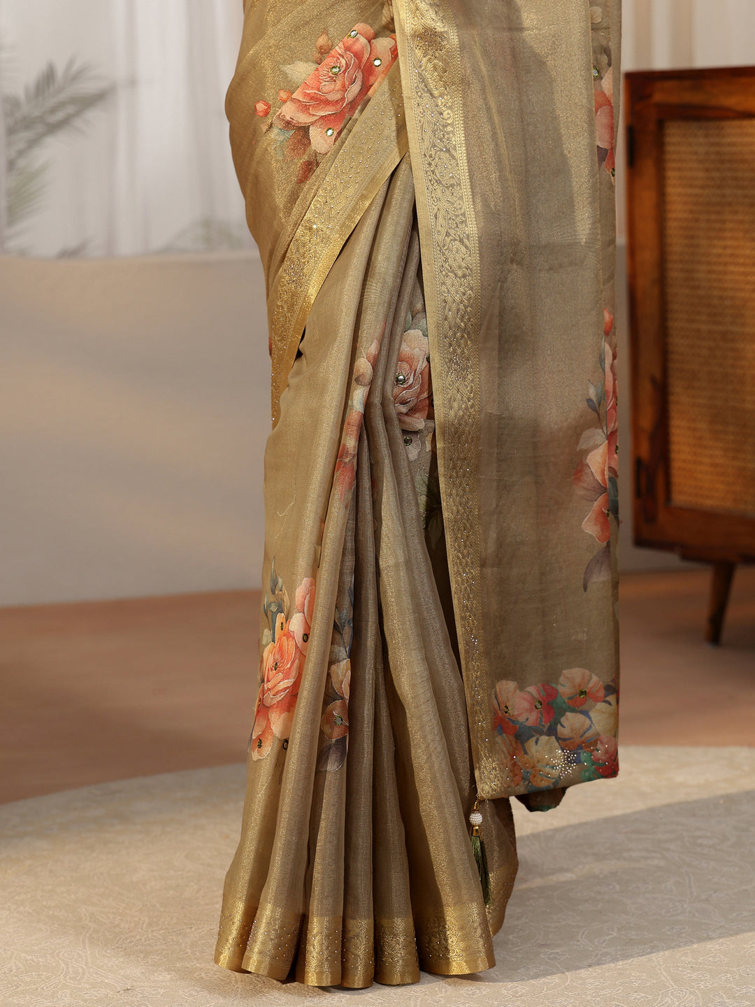 Libas Dusty Olive Green Floral Printed Silk Blend Saree with Woven Border