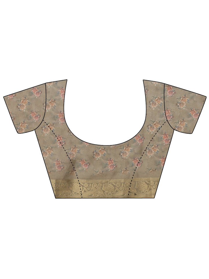 Libas Dusty Olive Green Floral Printed Silk Blend Saree with Woven Border