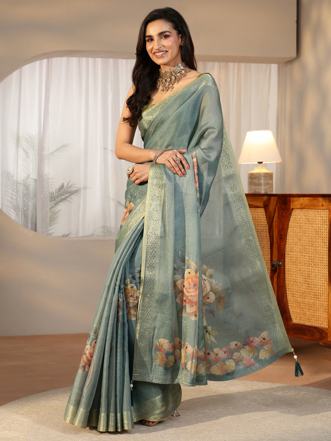 Libas Dusty Aqua Blue Floral Printed Silk Blend Saree with Woven Border