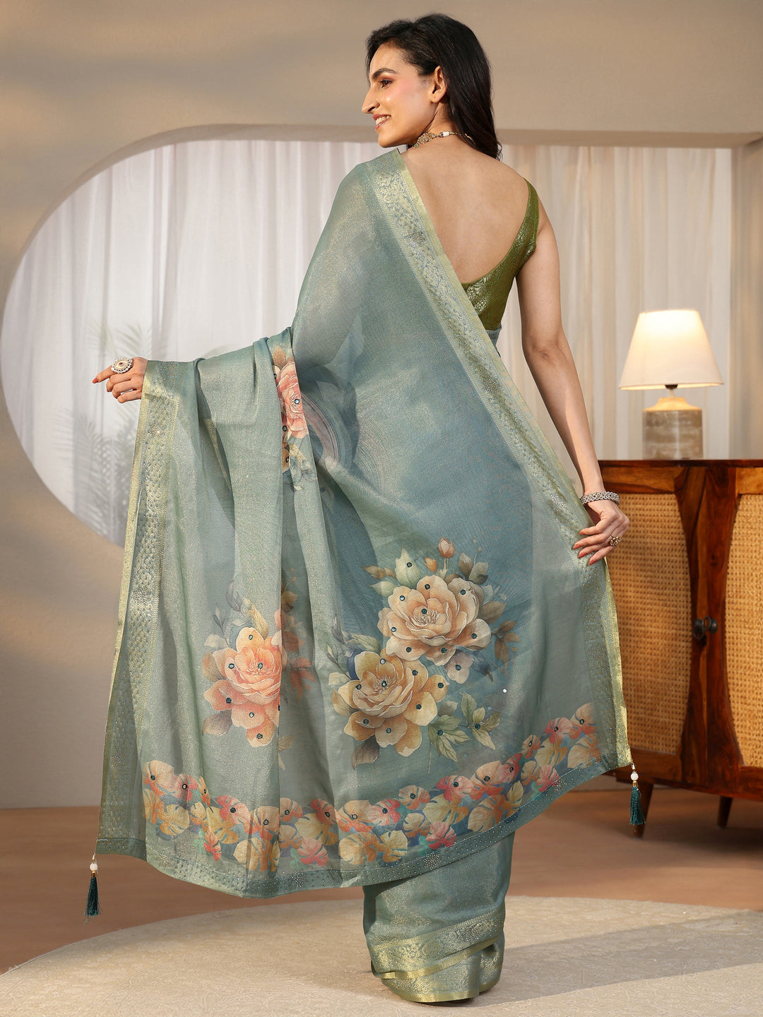 Libas Dusty Aqua Blue Floral Printed Silk Blend Saree with Woven Border