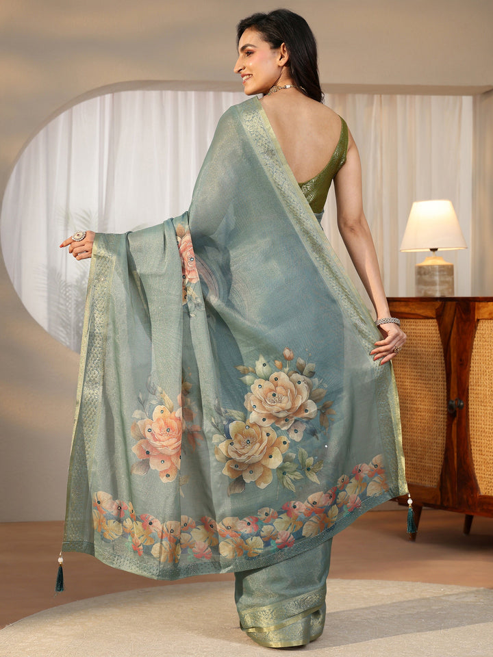 Libas Dusty Aqua Blue Floral Printed Silk Blend Saree with Woven Border