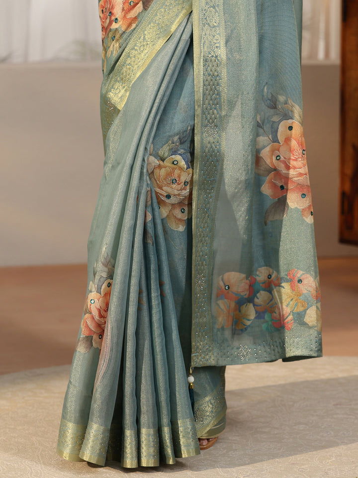 Libas Dusty Aqua Blue Floral Printed Silk Blend Saree with Woven Border