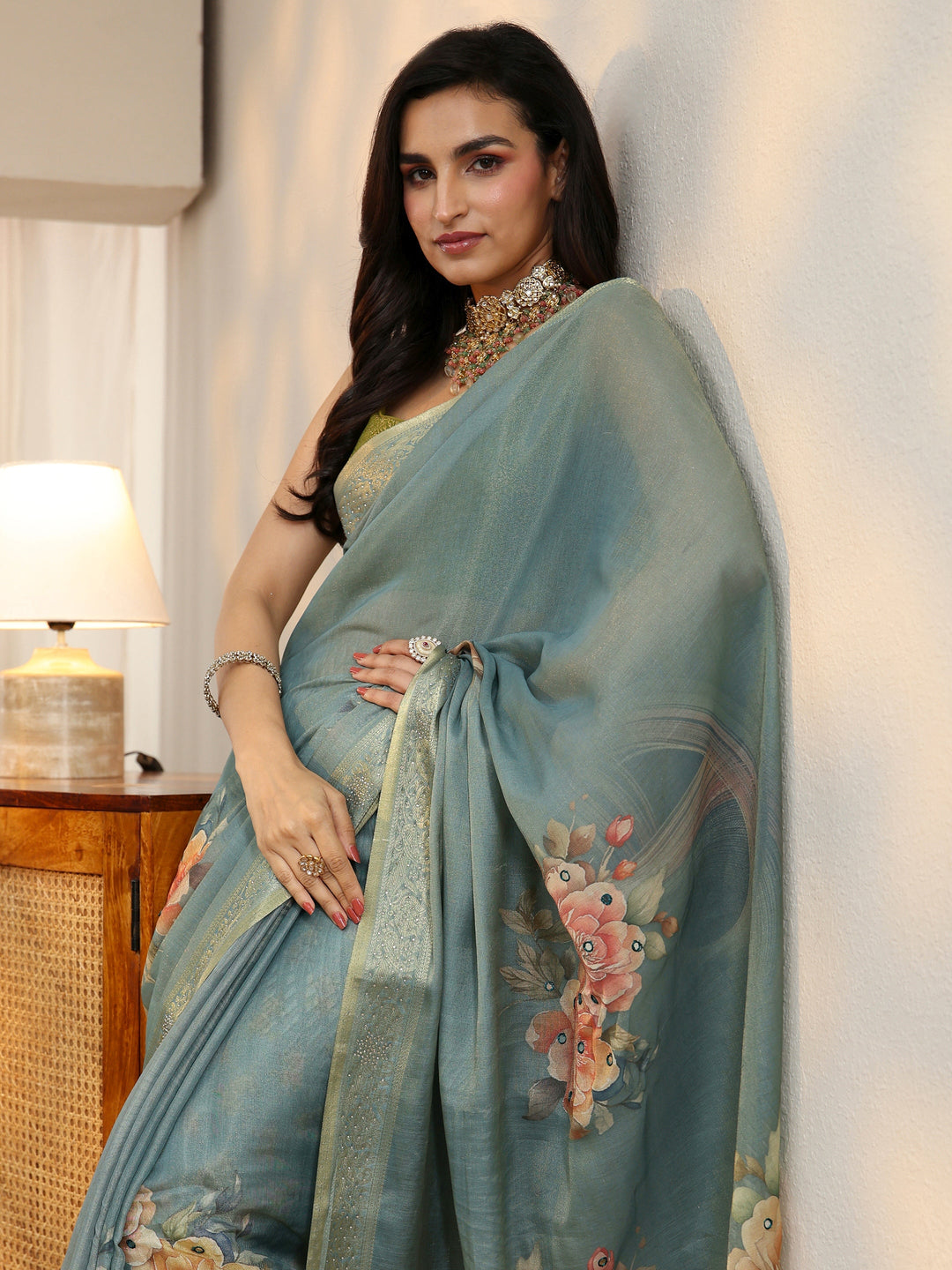 Libas Dusty Aqua Blue Floral Printed Silk Blend Saree with Woven Border