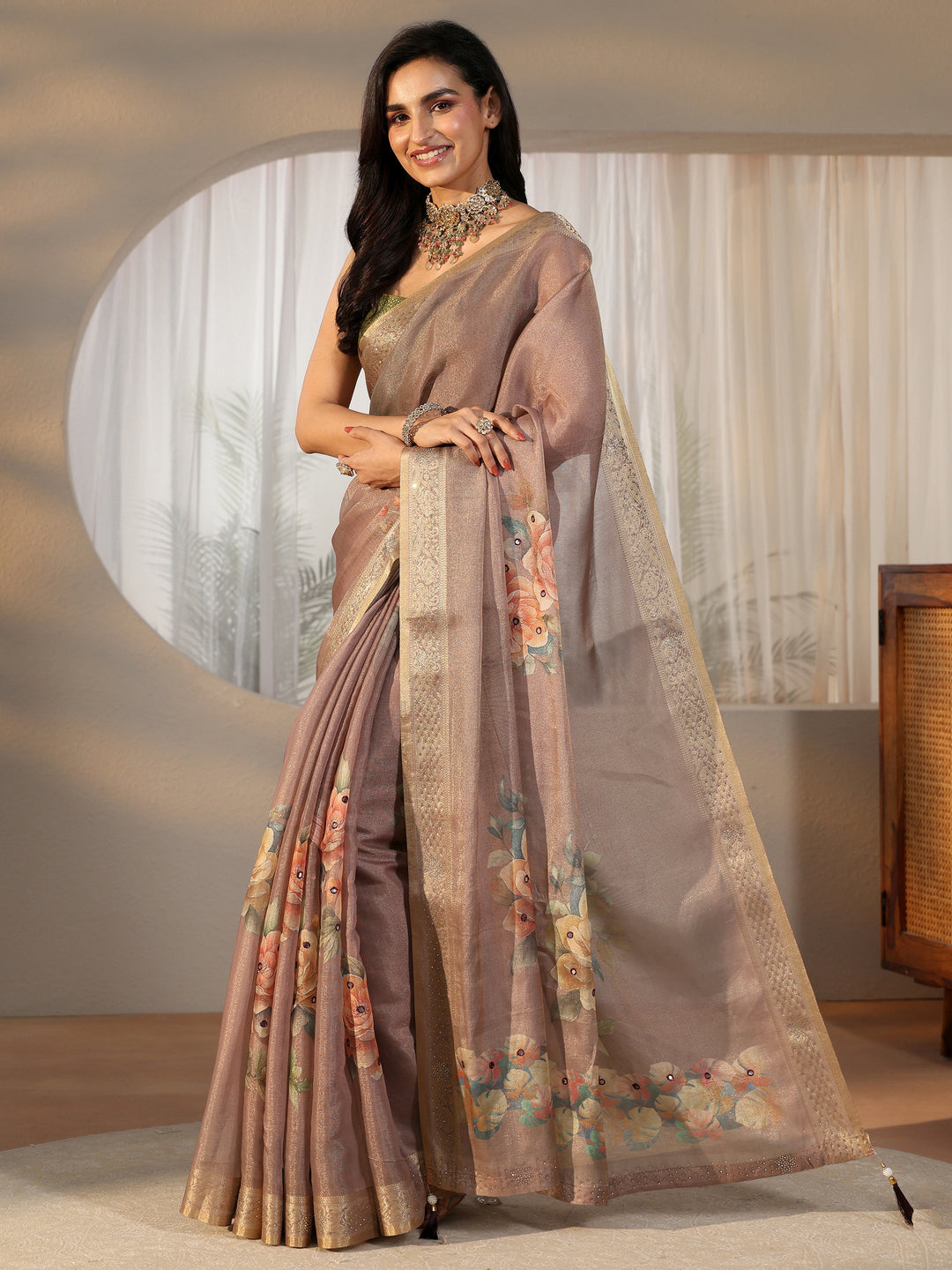 Libas Mauve Floral Printed Silk Blend Saree with Woven Border