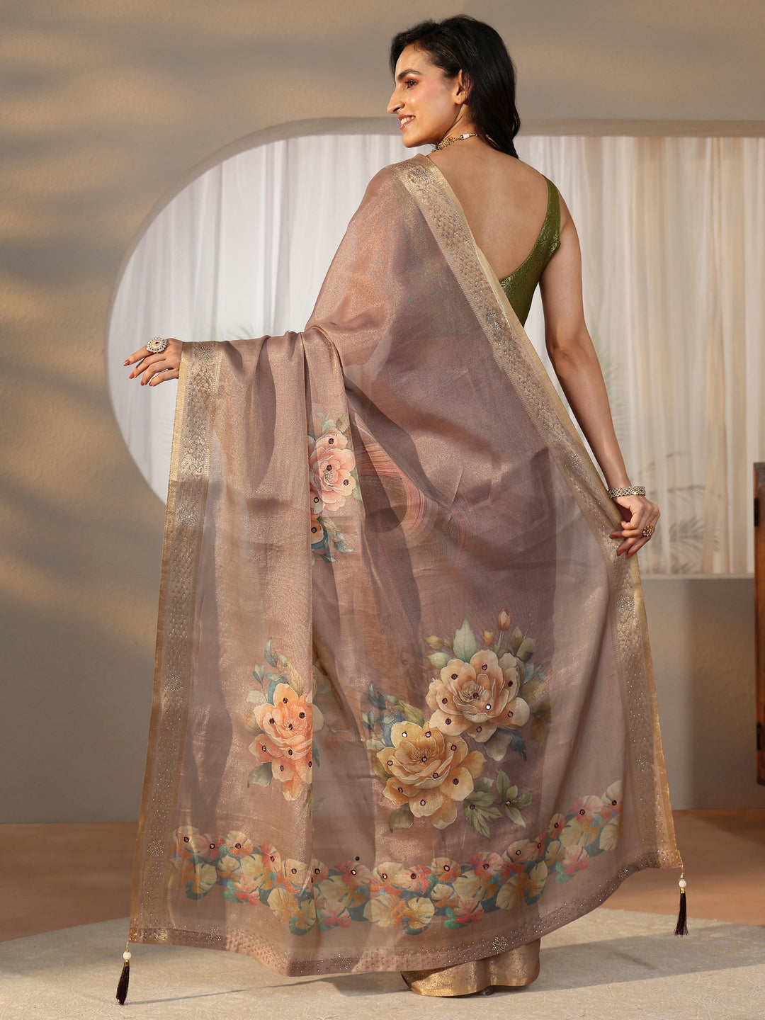 Libas Mauve Floral Printed Silk Blend Saree with Woven Border
