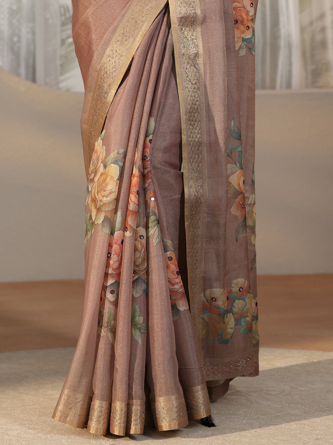 Libas Mauve Floral Printed Silk Blend Saree with Woven Border