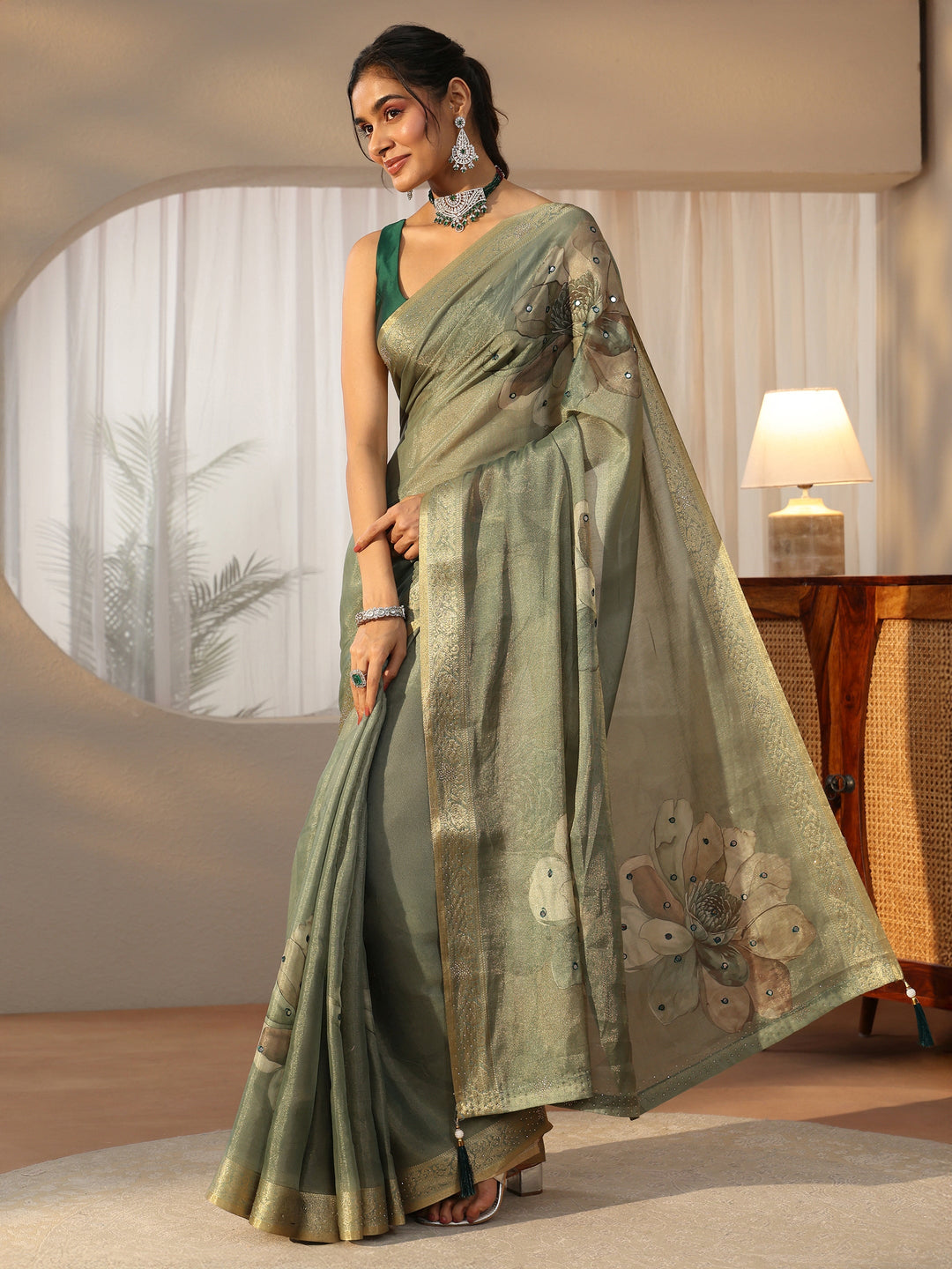 Libas Sage Green Floral Printed Silk Blend Saree with Woven Border