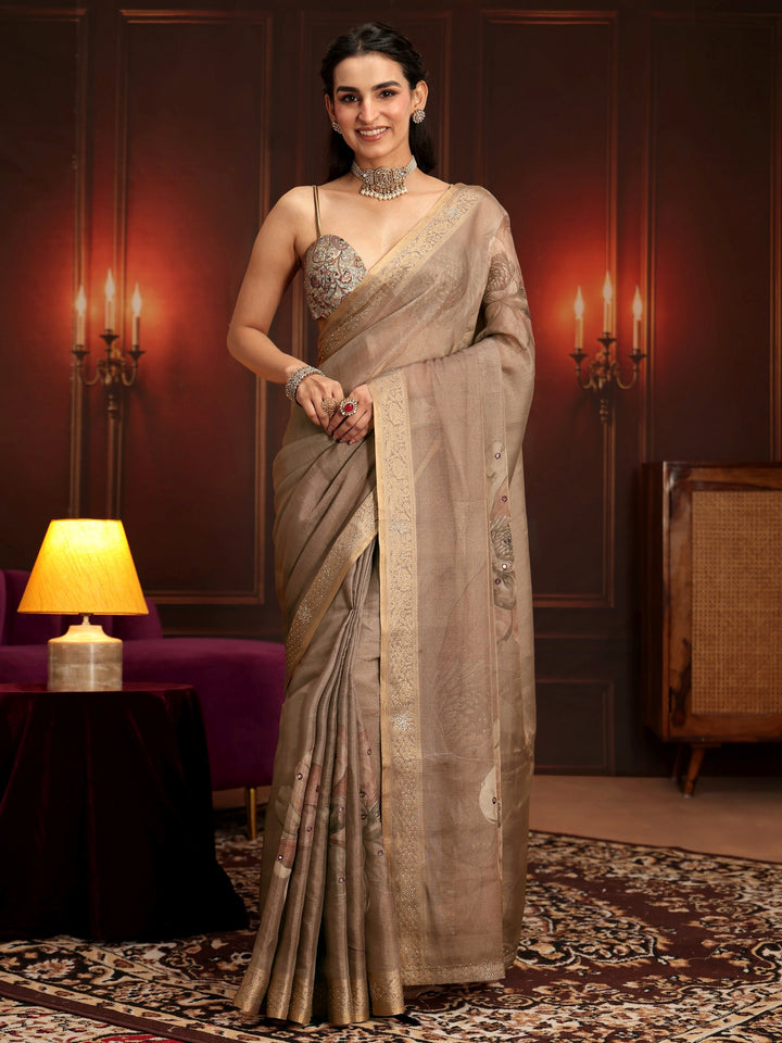 Libas Brown Floral Printed Silk Blend Saree