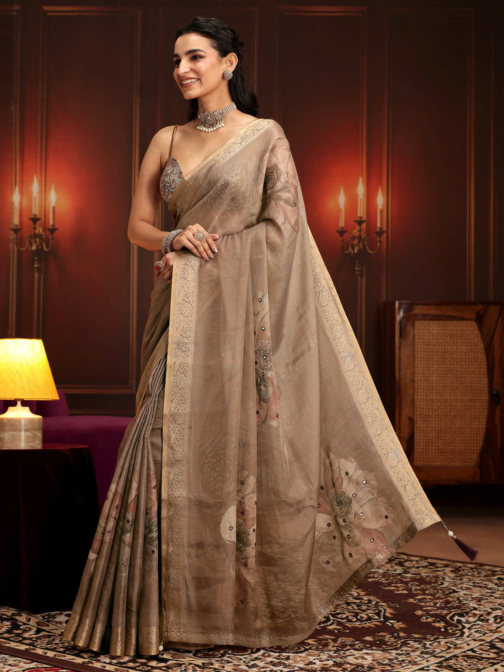 Libas Brown Floral Printed Silk Blend Saree