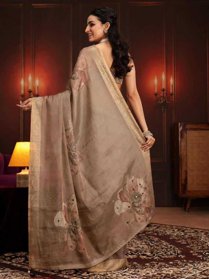Libas Brown Floral Printed Silk Blend Saree