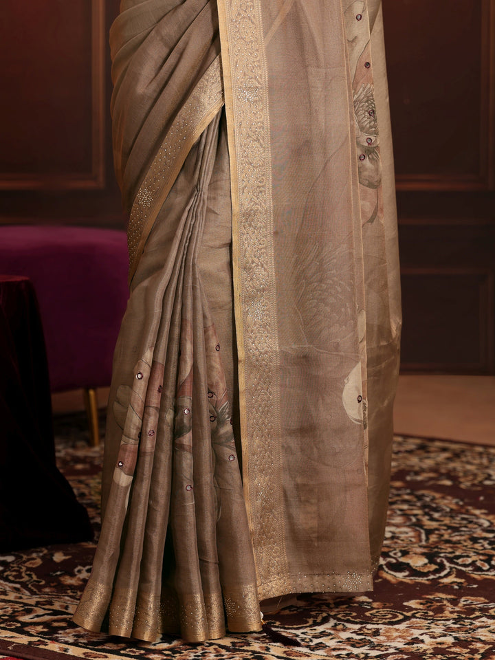 Libas Brown Floral Printed Silk Blend Saree