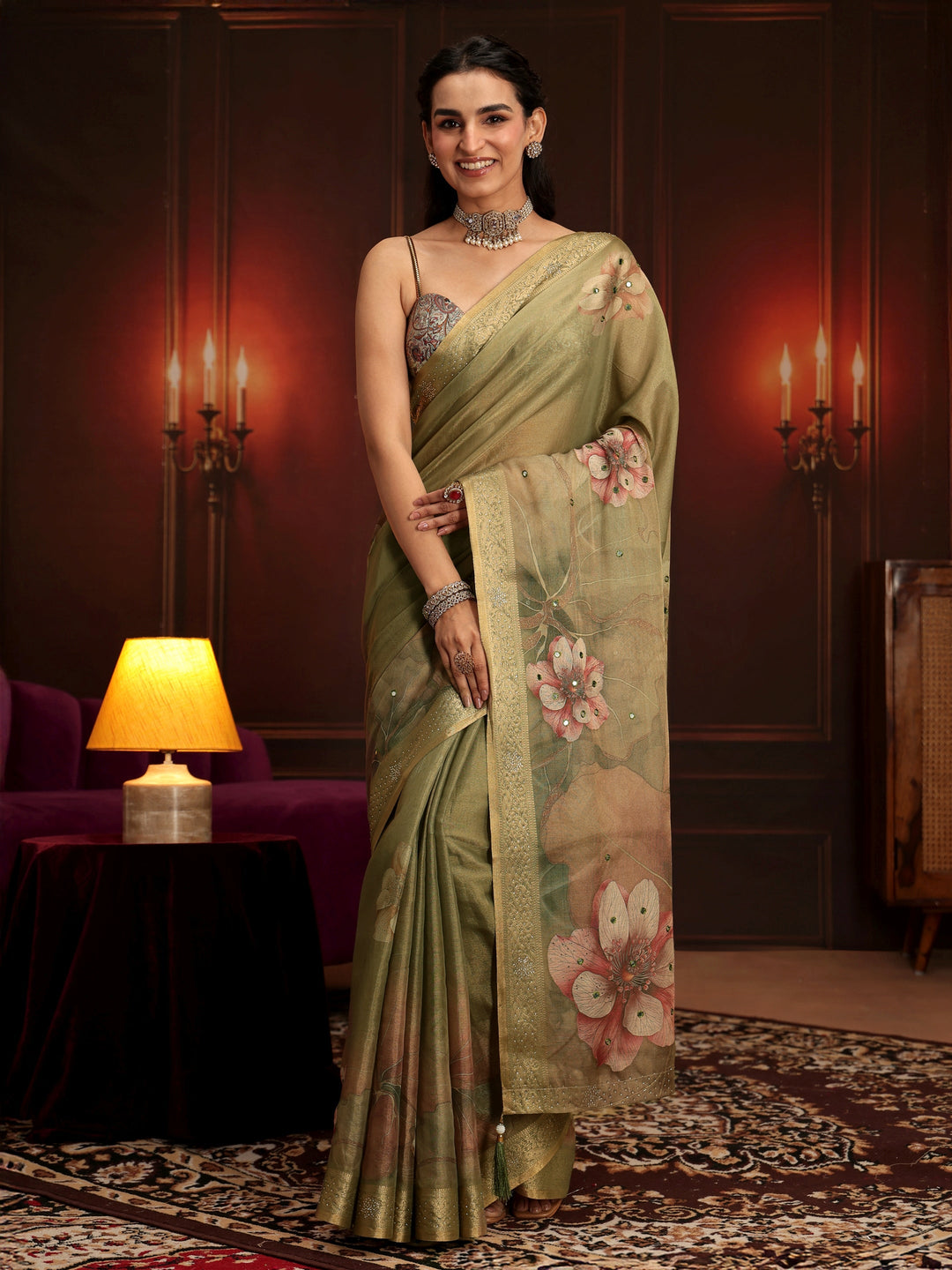 Libas Dusty Olive Green Floral Printed Silk Blend Saree