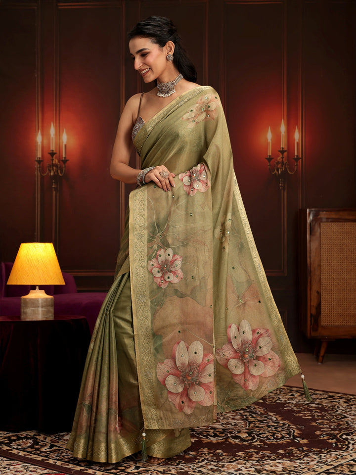 Libas Dusty Olive Green Floral Printed Silk Blend Saree