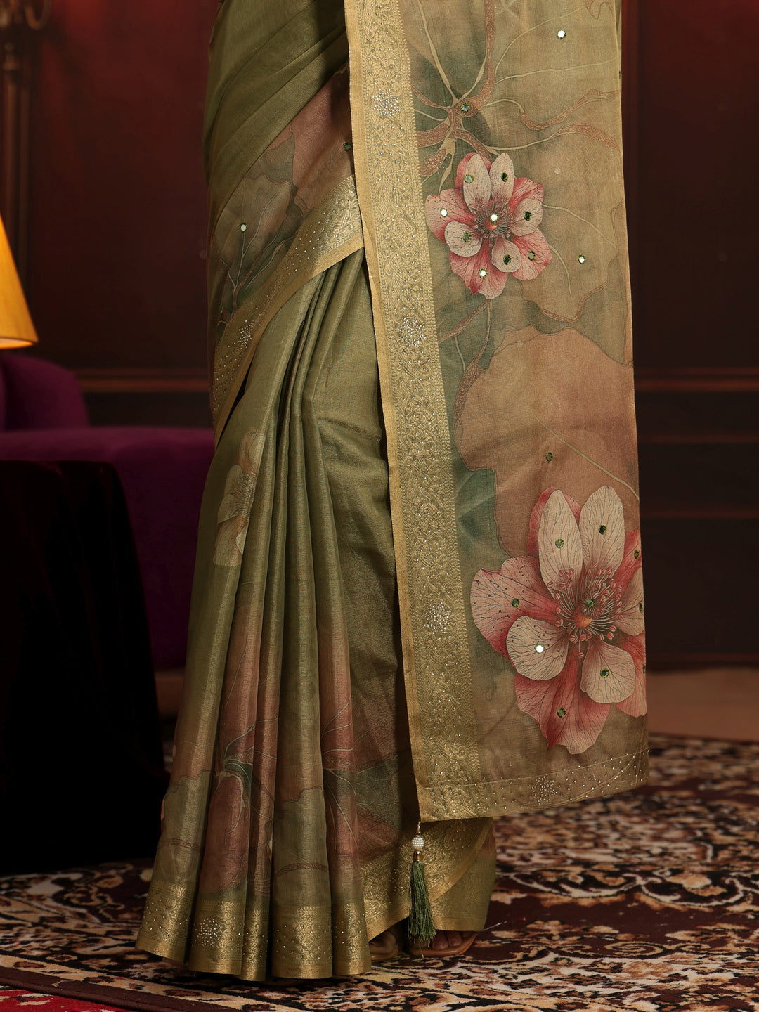Libas Dusty Olive Green Floral Printed Silk Blend Saree
